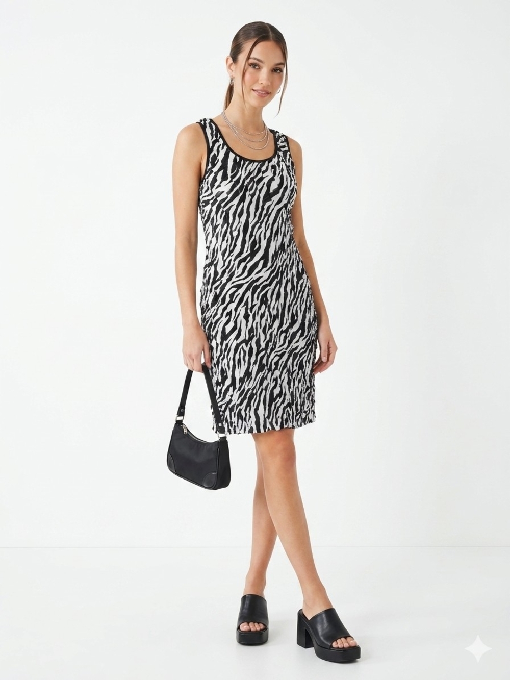 Vtg Y2K NYCollection Zebra Print Popcorn Dress M Textured Slinky Retro Aesthetic